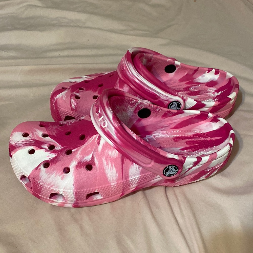 Pink tie dye crocs